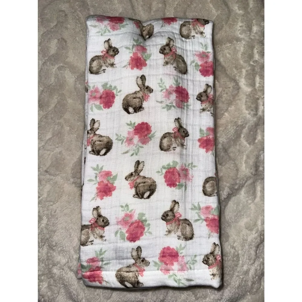 SA Easter Bunny Floral White Pink Muslin Cotton Tea Kitchen Towels Set of 3